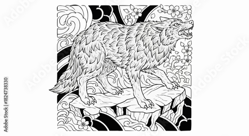 Detailed Wolf Illustration on Rocky Outcrop, Ready for Coloring.
