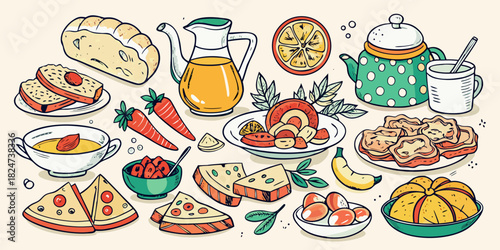 A delightful spread of food items including bread, soup, fruits, and vegetables in vibrant colors