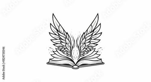 An open book with large feathered wings spreading out.