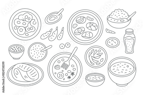 A collection of various dishes and ingredients are illustrated in a top-down view.
