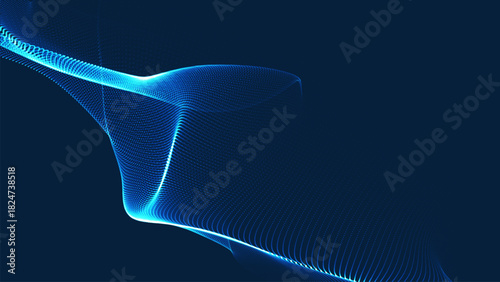 Abstract vector background with a dynamic wave. Streams of bright dots form smooth waves against a dark background. The radiating light creates a sense of depth and elegance. Futuristic 3D dot wave.