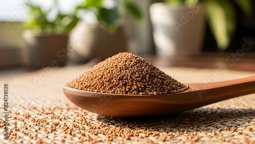 Closeup of teff grains in a wooden spoon, superfood