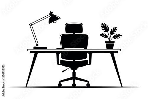 An empty desk with a chair and a lamp is prepared for work in an office.
