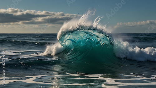 Fototapeta Naklejka Na Ścianę i Meble -  Powerful ocean wave crashing with spray under a cloudy sky