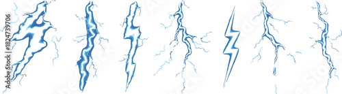 Electric blue lightning bolts energy discharge on dark background showing multiple flashes of thunderstorm power electricity plasma and light effects