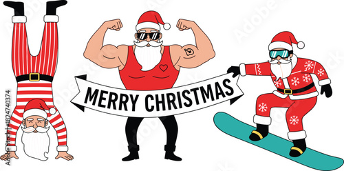 Strong and muscular Santa Claus character exercising, doing a handstand, and snowboarding with a black "Merry Christmas" banner, funny holiday fitness vector.