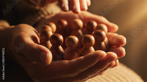 Walnut, wooden beads, people, pegs, and nuts arranged on a brown background to represent power, highlighting individual components collectively holding significant influence or meaning for use.
