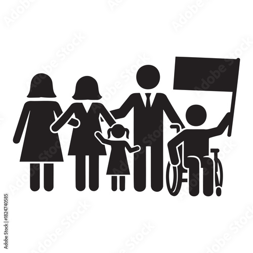 Inclusive group of people holding protest sign — symbol of freedom to assemble, human rights and social justice — ideal for NGOs, campaigns, education and civic engagement content