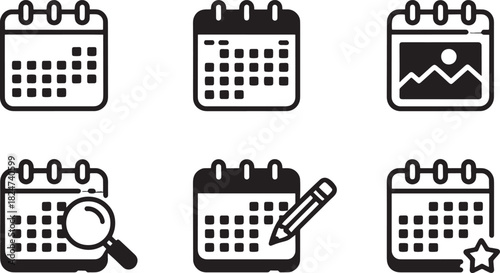 Calendar Icons Showing Images, Search, Writing, and Favorites Keywords: agenda, appointment, calendar
