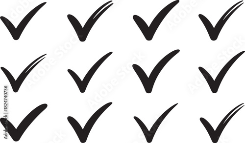 Collection of black check mark icons on white background Keywords: check, mark, tick, yes, correct