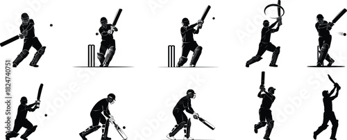 Dynamic cricket player batting positions silhouettes  versatile vector for sports 