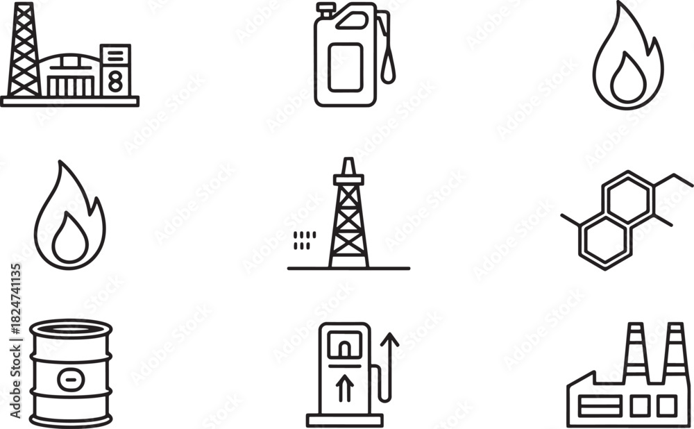 Fototapeta premium Collection of Industrial Icons Related to Oil and Gas Industry factory refinery
