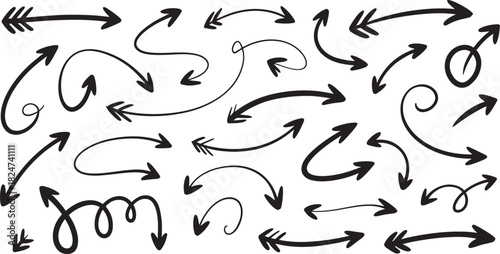 Collection of hand drawn black arrows and pointers on white background Keywords: arrow, arrows