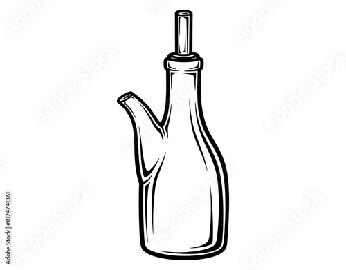 Glass oil or vinegar cruet with pouring spout hand drawn vector illustration. Kitchen condiment dispenser bottle sketch isolated on white background.