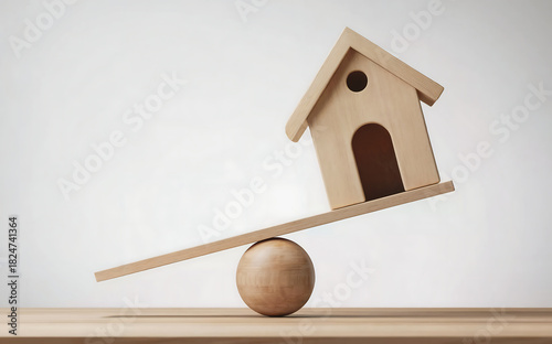 A small wooden house is precariously balanced on a seesaw, representing the instability and challenges of the housing market, real estate investment, or homeownership