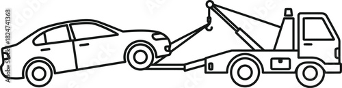 Car trouble illustration showing a tow truck hauling away a broken-down sedan in simple black and white line art, perfect for emergency services
