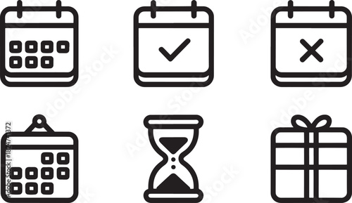 Collection of six icons related to scheduling planning and time management Keywords: icon, set
