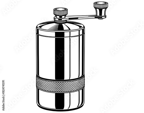 Stainless steel manual coffee grinder hand drawn vector illustration. Portable coffee bean mill sketch with crank handle isolated on white background.