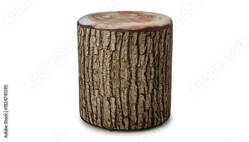 Rustic wooden log stool or side table with textured bark surface isolated on white background