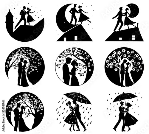 Romantic embrace vector illustrations, Couple kissing under tree vector