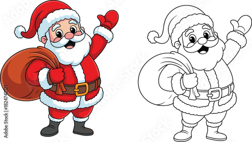 Cute cartoon Santa Claus waving hand with gift sack in color and black white outline for coloring page.