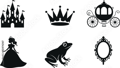 Set of fairy tale silhouettes including castle crown carriage princess frog and magic mirror black vector icons.
