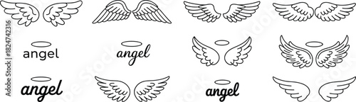 Minimalist angel wings and halo line art design collection featuring elegant handwritten typography, divine spiritual symbols,