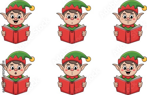 Set of cute cartoon Christmas elf characters reading a red book with different facial expressions vector illustration.