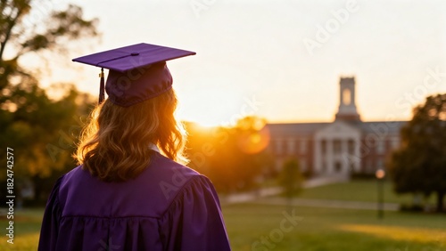 Rear view of a graduate in a purple cap and gown standing outdoors facing a golden sunset, on a university campus