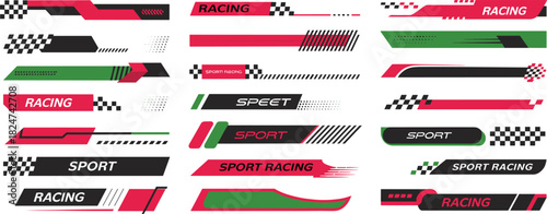 Modern racing car decal collection with abstract speed stripe designs, sporty graphics, checkered patterns, red green black color combination illustration