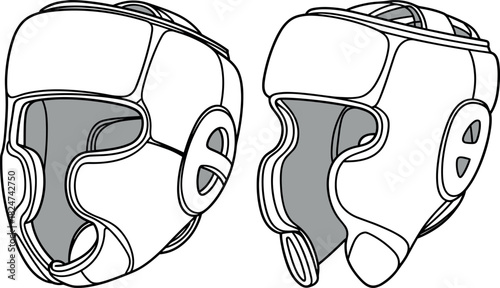 Combat headgear, vector, illustration, sketch, outline, padded, protective, boxing, martial arts, gear, ergonomic, durable, structured, silhouette, layout, equipment, safety, design, sports