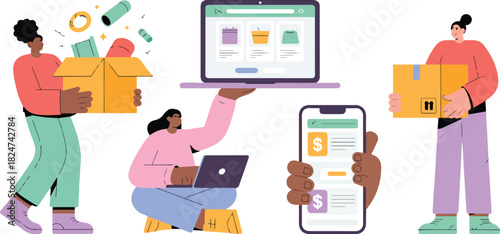 Online Shopping and Delivery Service Concept With Packages Boxes Laptop and Mobile Phone Vector Illustration In Cartoon Style Design