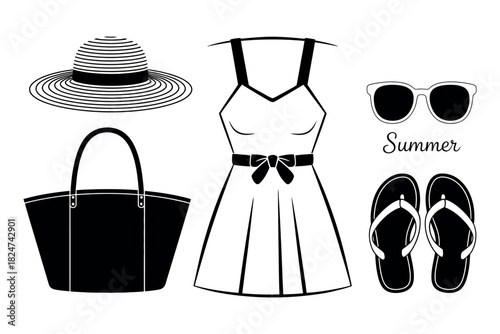 A collection of summer fashion accessories and clothing are displayed together.