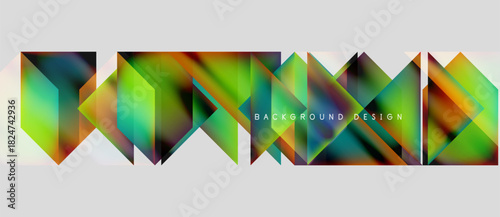 Abstract geometric shapes, vibrant colors, modern design. Background features repeating triangular patterns, dynamic composition.