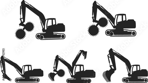 Set of heavy excavator silhouettes with digging buckets and rotary drum cutter attachments for construction vector.