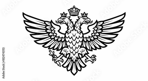 Black and white illustration of a double-headed eagle with crowns, symbolizing power and empire.
