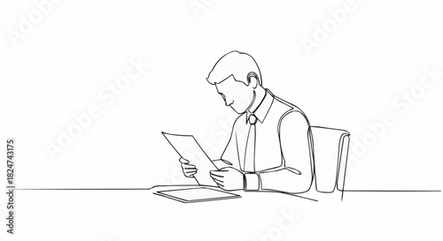 Man in shirt and tie reading document at desk line art.