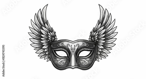 Ornate Masquerade Mask with Angelic Wings Detailed Illustration.