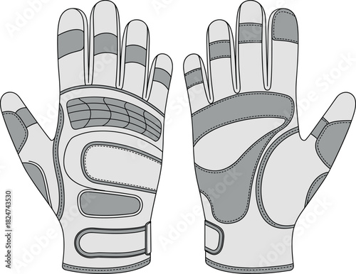 Gloves, vector, illustration, sketch, outline, fashion, gear, durable, ergonomic, structured, silhouette, layout, equipment, design, padding, accessory, palm, wrist