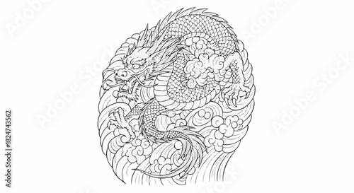 Intricate black and white line art of a mythical Asian dragon.