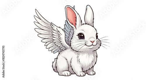 Adorable white angelic rabbit with feathered wings illustration.