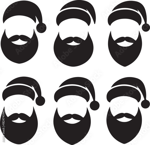 Santa Claus beard and hat icon silhouettes in various styles vector
