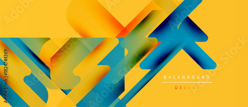 Abstract geometric design. Overlapping shapes create dynamic composition. Warm yellow contrasts cool blues, oranges. Modern aesthetic.