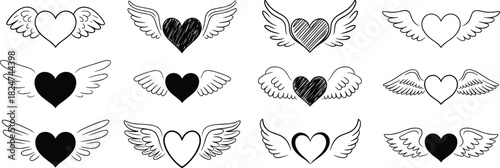 Set of twelve black and white flying heart icons with angel wings, romantic love symbol illustration, vector line art design collection