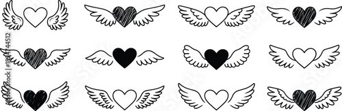 Set of twelve black and white flying heart icons with angel wings, romantic love symbol illustration, vector line art design collection