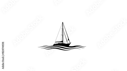 A classic black and white graphic illustration of a sailboat floating on stylized ocean waves.