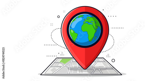 Red location pin with a globe of the Earth placed on a stylized city map, symbolizing global navigation and travel.