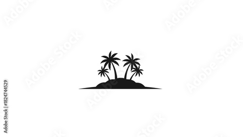 Black silhouette of a tropical island with multiple palm trees on a white background, symbolizing vacation and paradise.