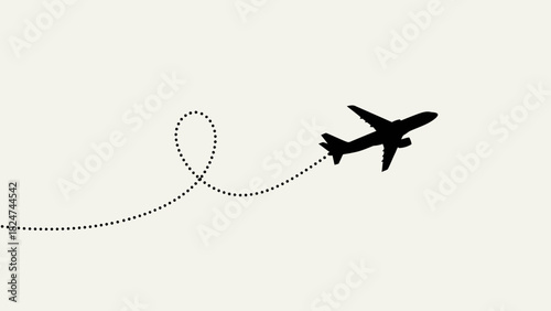 Black airplane silhouette flying along a dotted loop route on a plain background.