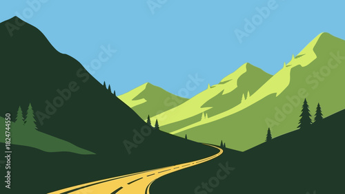 A winding road curves through a minimalist green mountain valley under a clear blue sky.